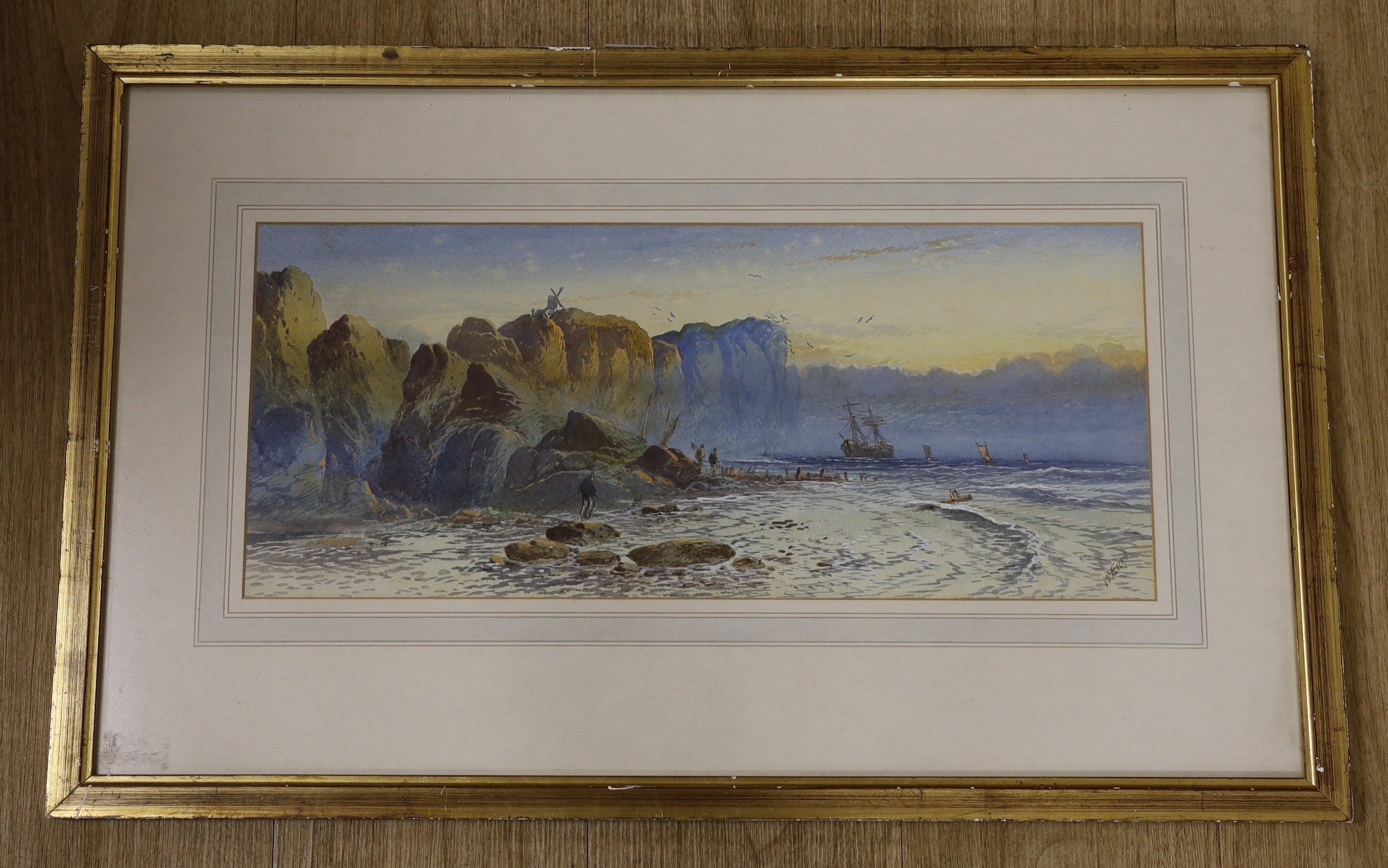 William Earp, watercolour, Wreckers along the coast, signed, 22 x 53cm